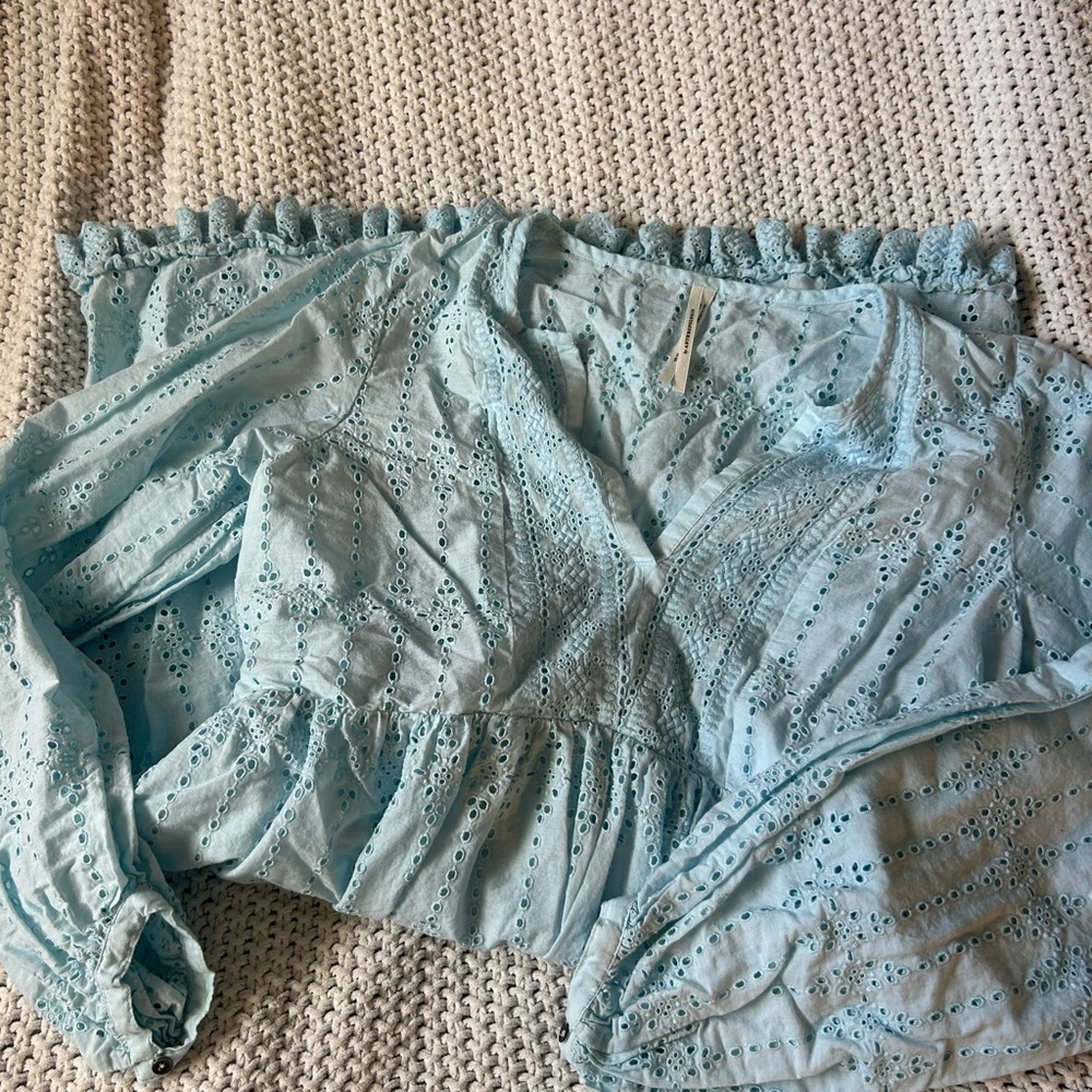 Anthropologie Sky Blue Eyelet Ruffle Top